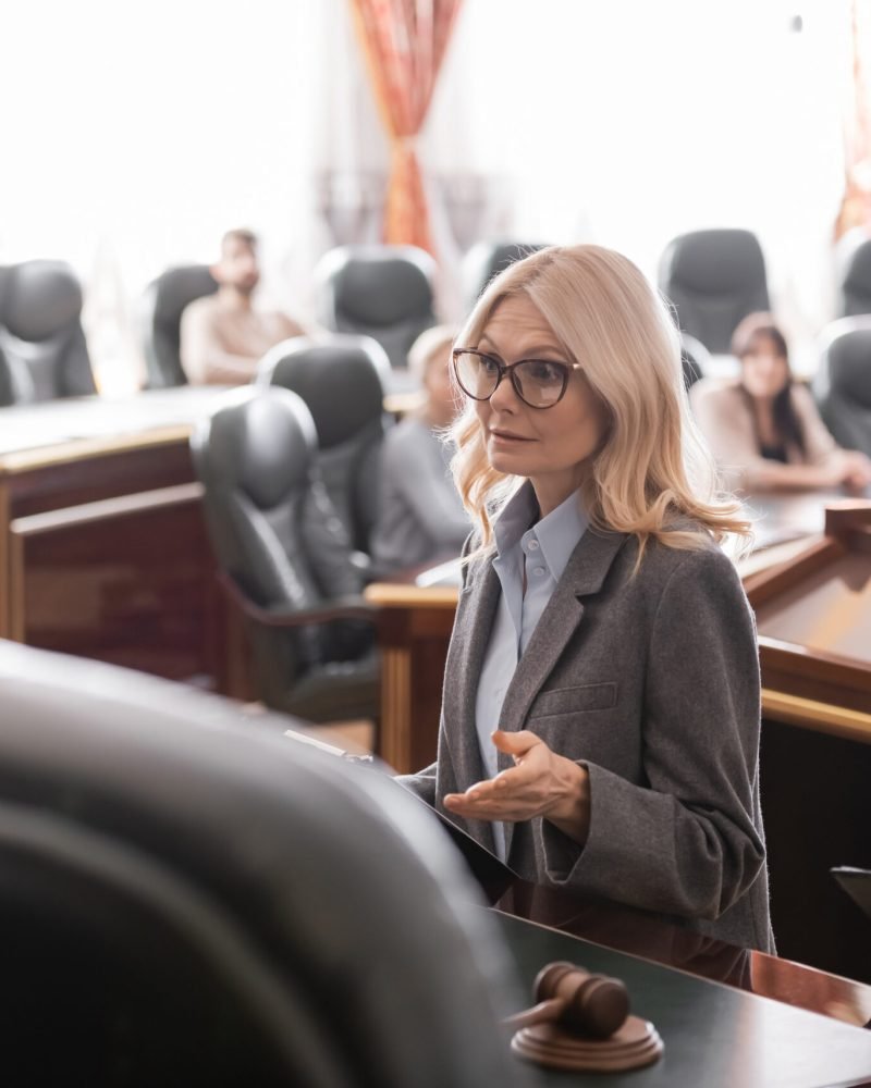 attorney pointing with hand while talking to judge near prosecutor during litigation attorney pointing with hand while talking to judge near prosecutor during litigation